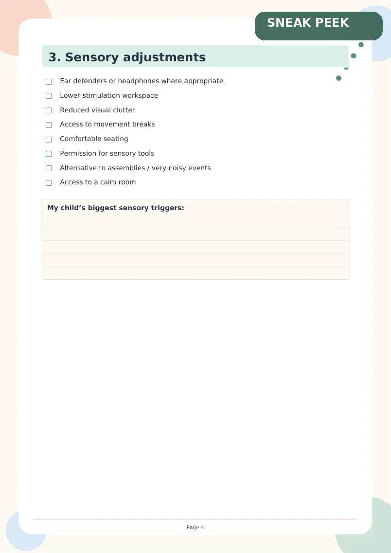 Reasonable Adjustments Planner sensory adjustments page