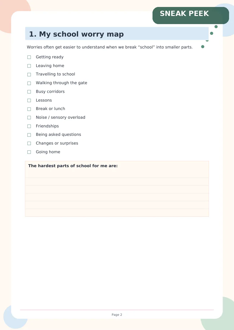 Sample school worry map worksheet
